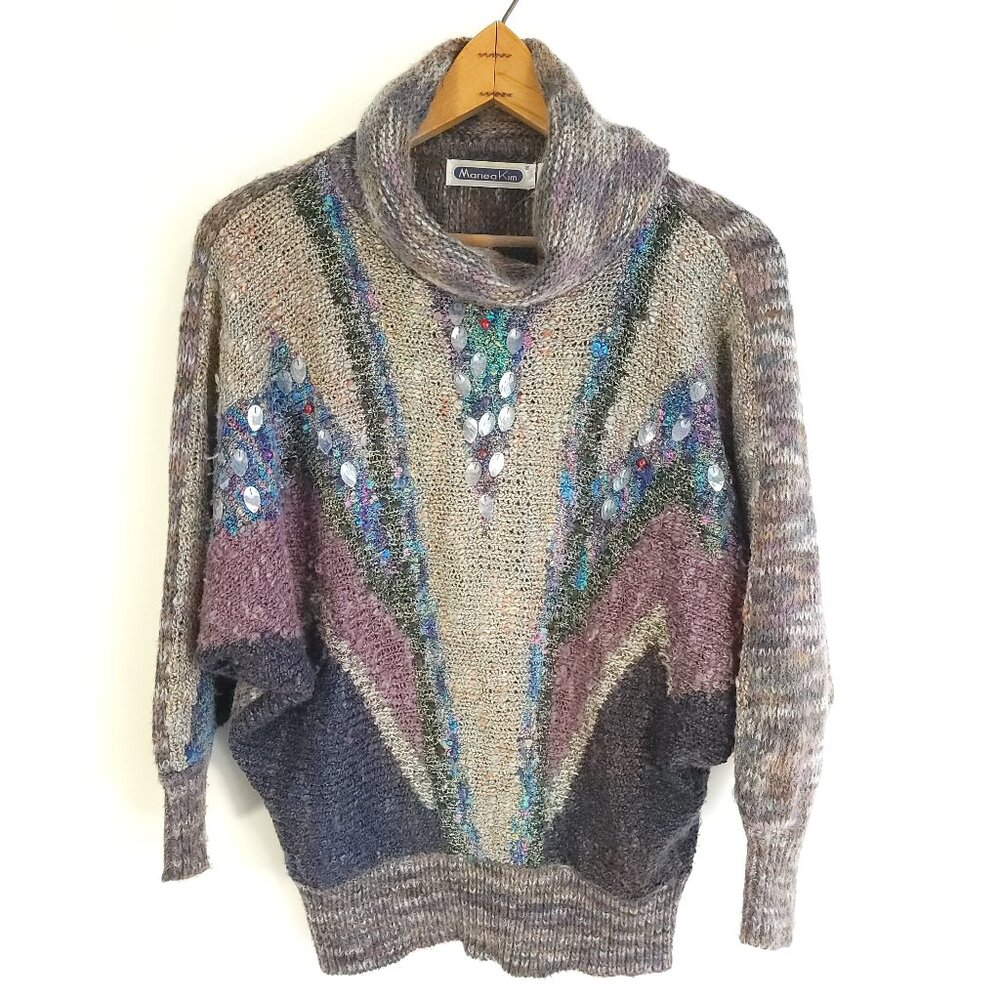 Vtg Mariea Kim Sweater Women's Small Multicolored Turtleneck Embellished Slouchy